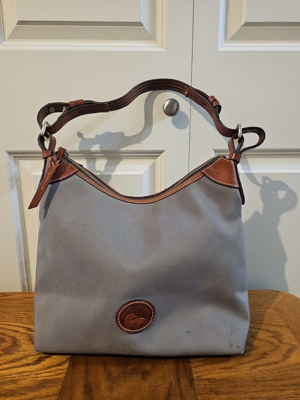 Dooney & Bourke Gray Nylon Shoulder Bag with Brown Leather Trim and Handle